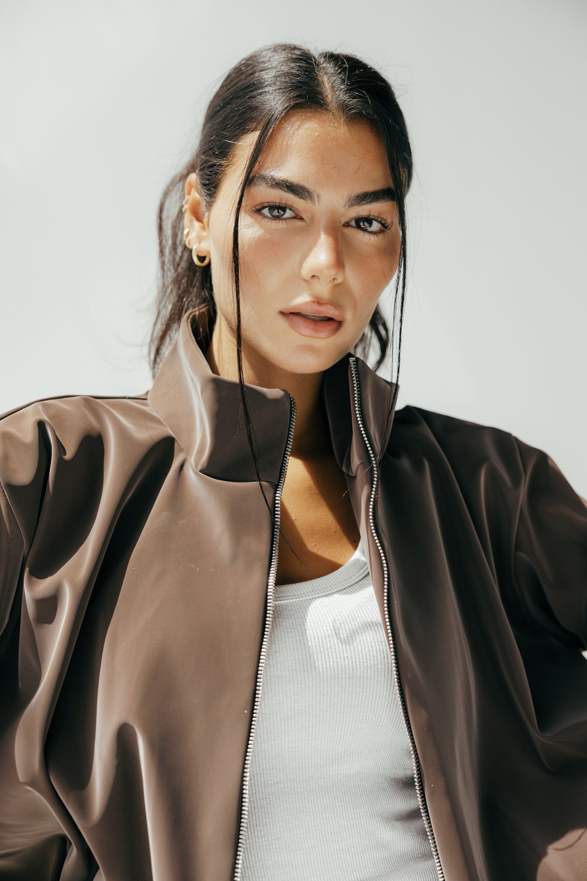 Velvet-Touch Puffer Jacket in Brown