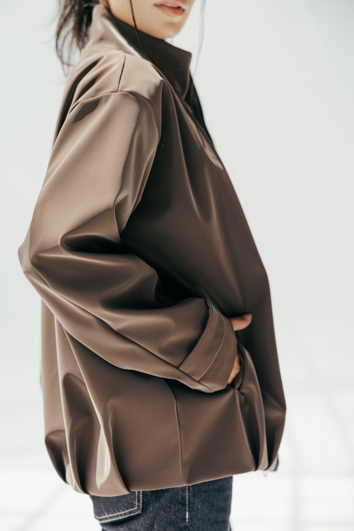 Velvet-Touch Puffer Jacket in Brown