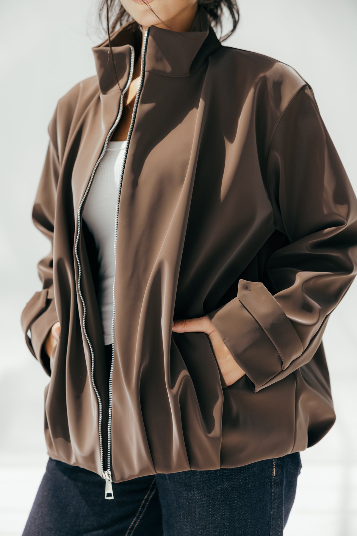 Velvet-Touch Puffer Jacket in Brown