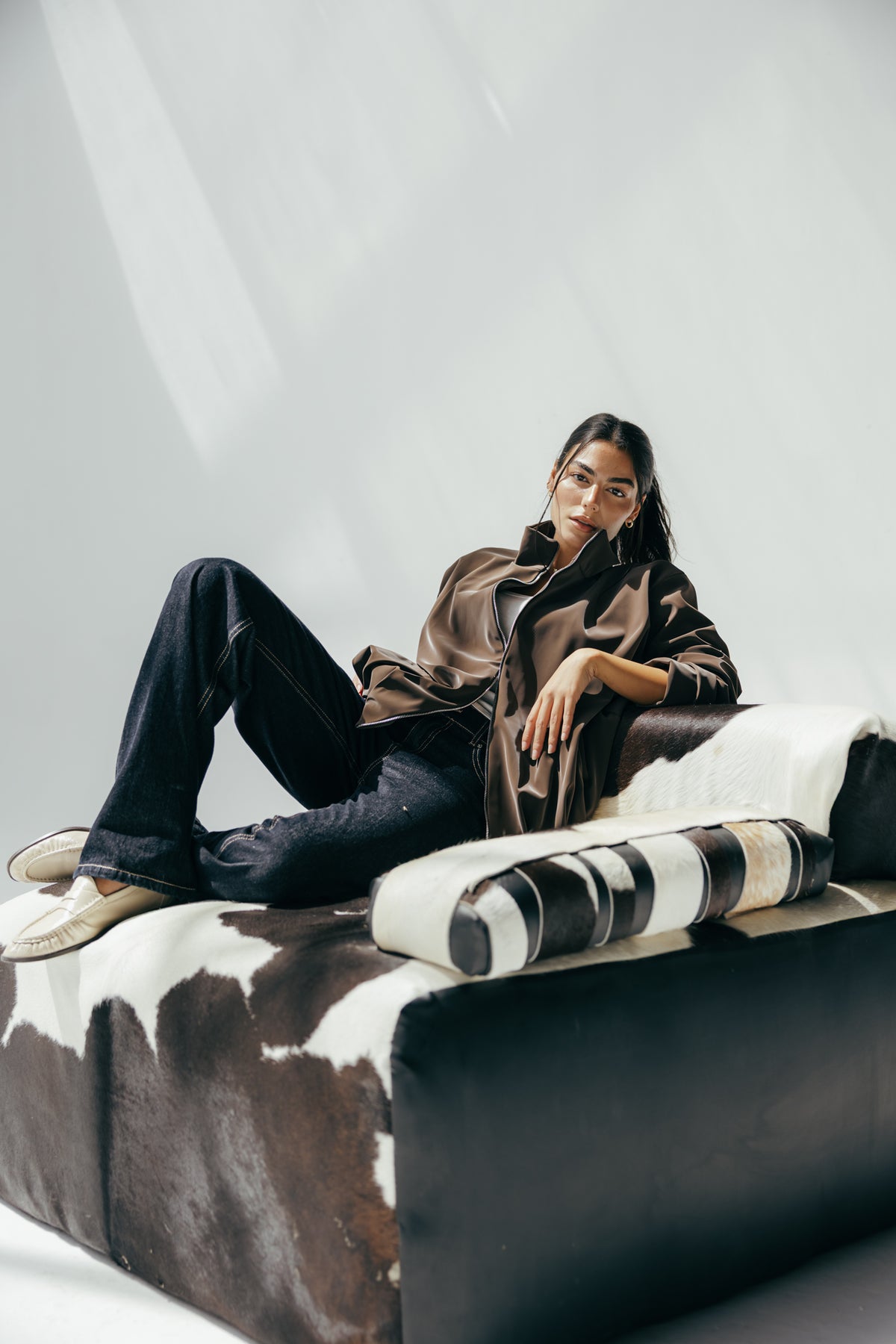 Velvet-Touch Puffer Jacket in Brown