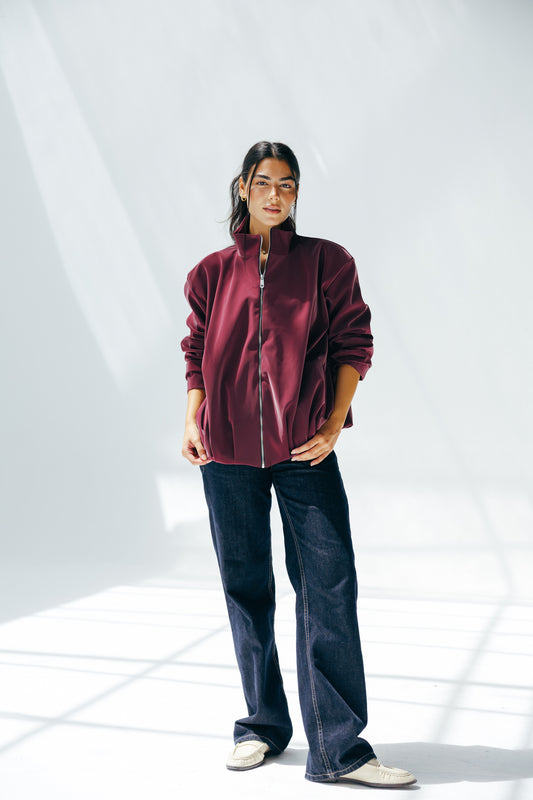 Velvet-touch Puffer Jacket in Burgundy
