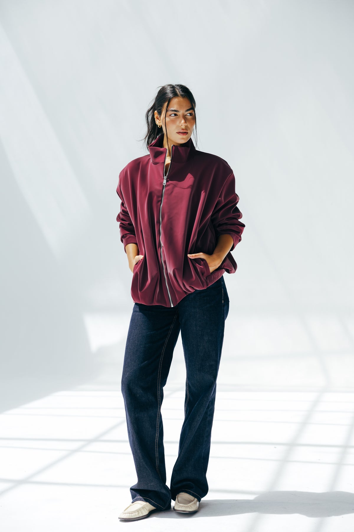 Velvet-touch Puffer Jacket in Burgundy