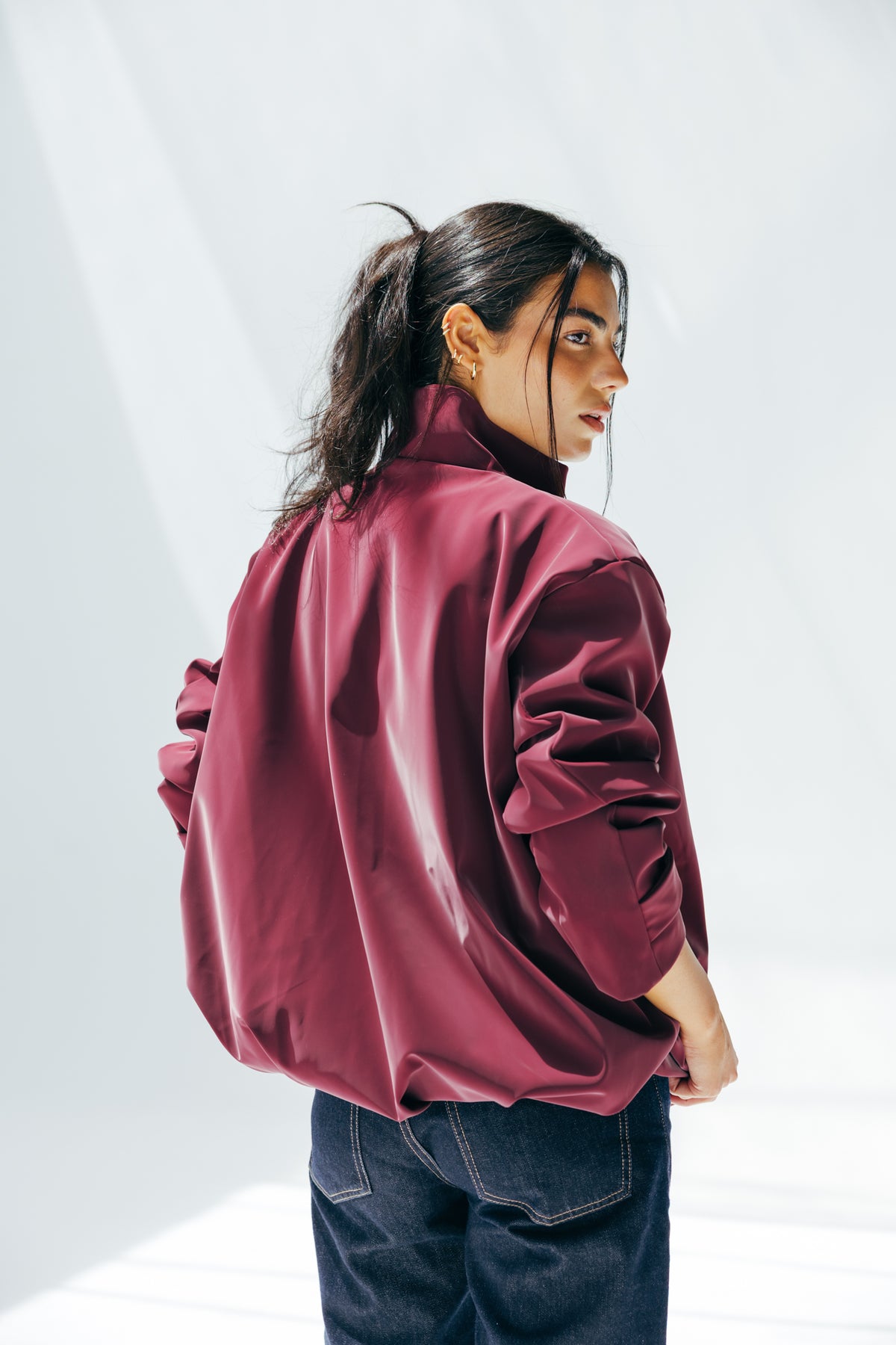 Velvet-touch Puffer Jacket in Burgundy
