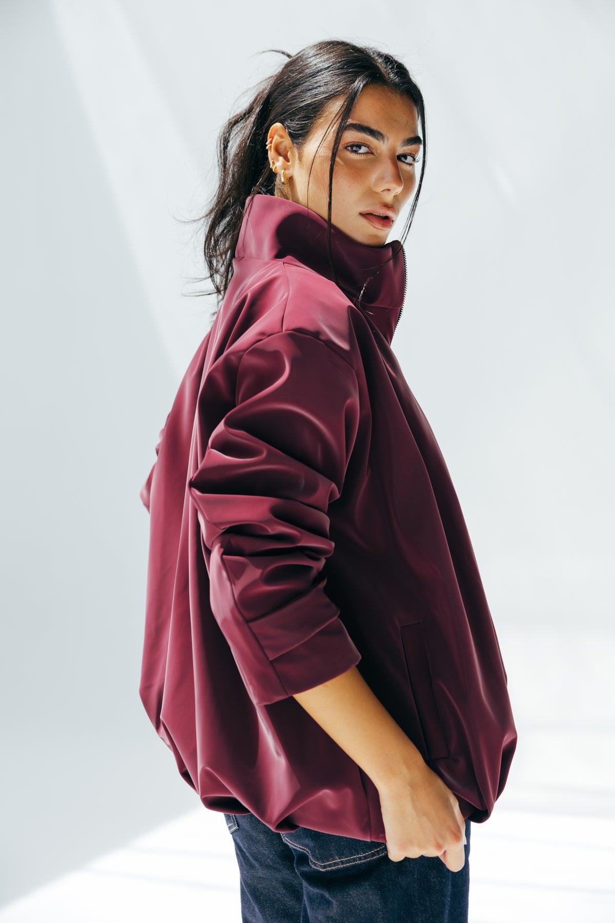 Velvet-touch Puffer Jacket in Burgundy
