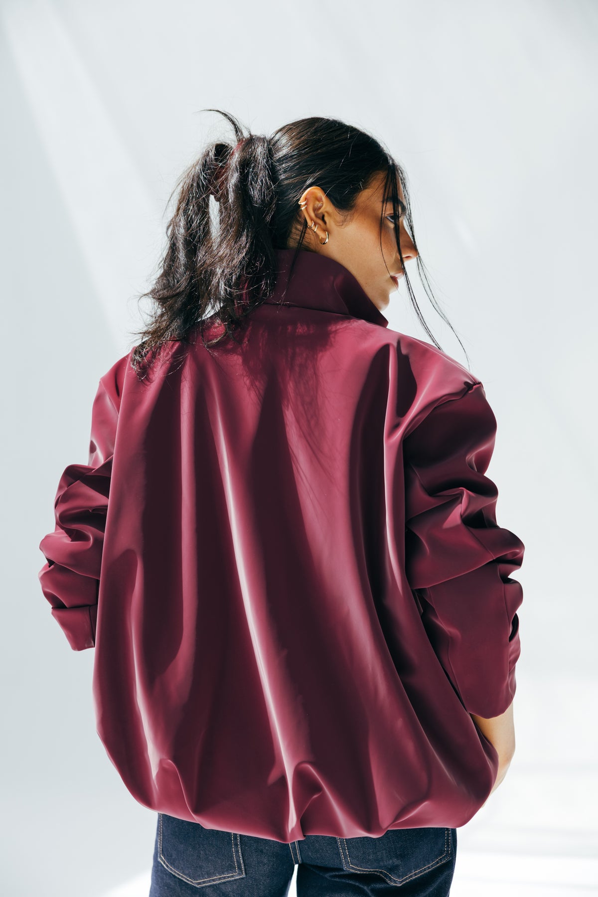 Velvet-touch Puffer Jacket in Burgundy