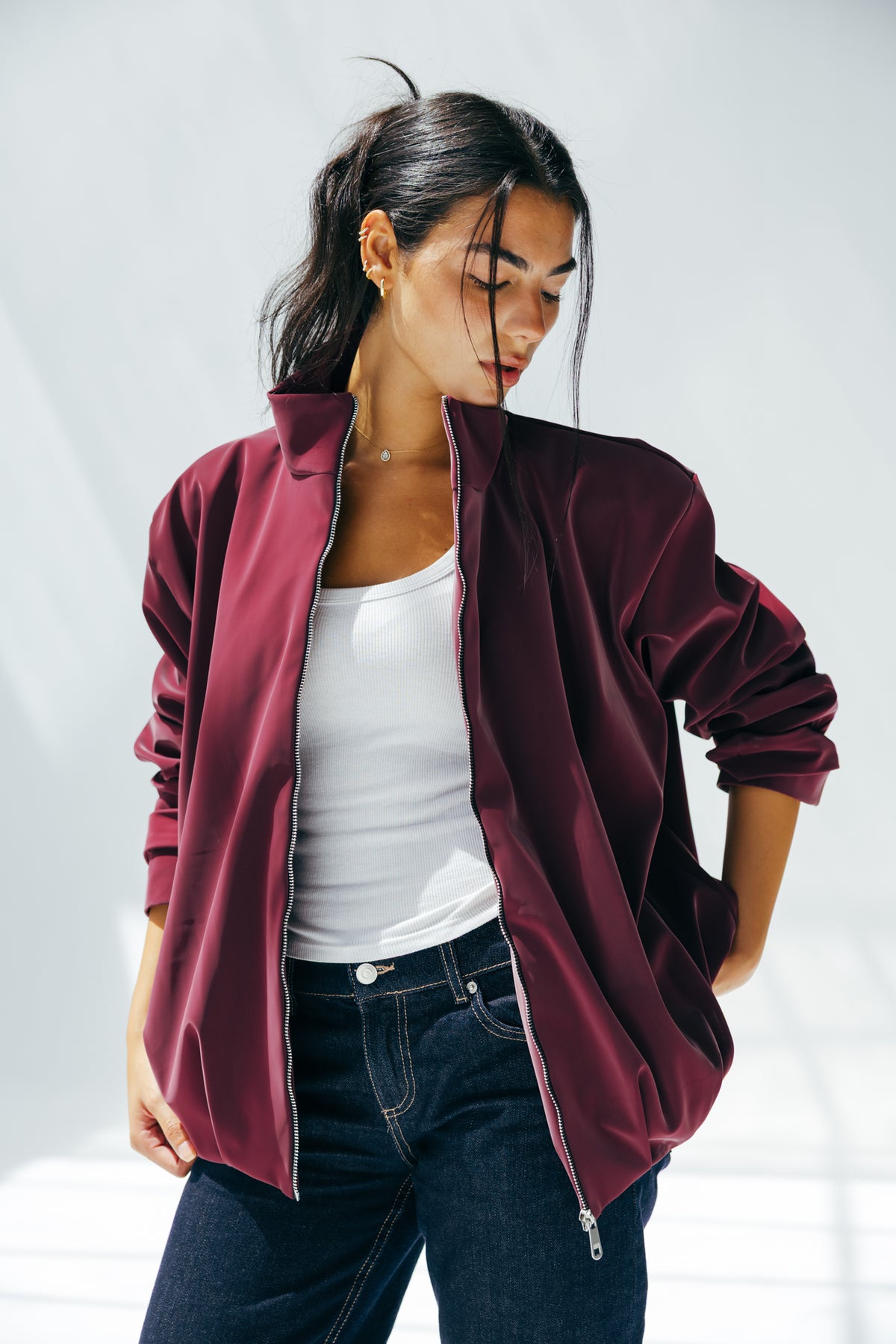 Velvet-touch Puffer Jacket in Burgundy