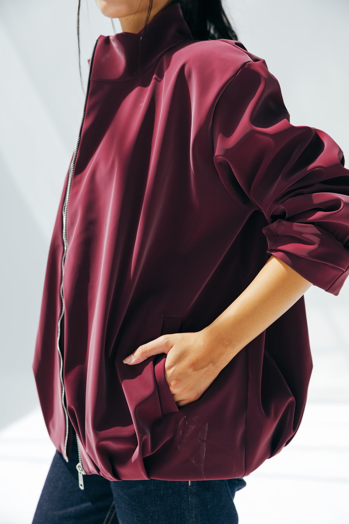 Velvet-touch Puffer Jacket in Burgundy