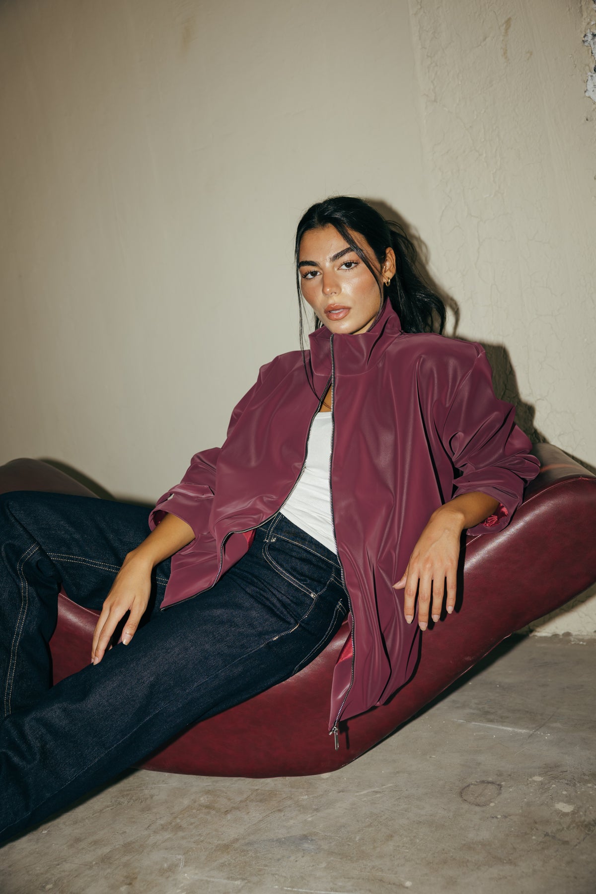 Velvet-touch Puffer Jacket in Burgundy