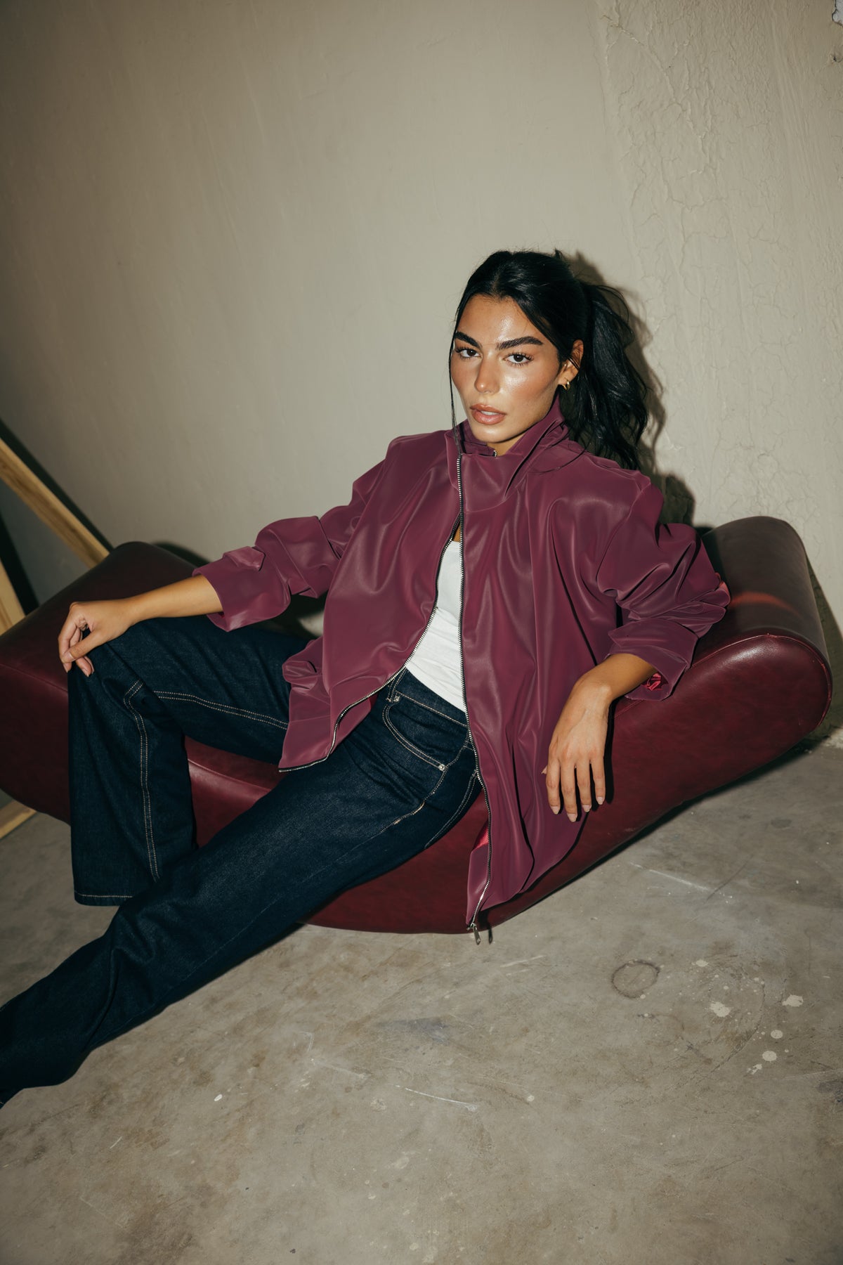 Velvet-touch Puffer Jacket in Burgundy