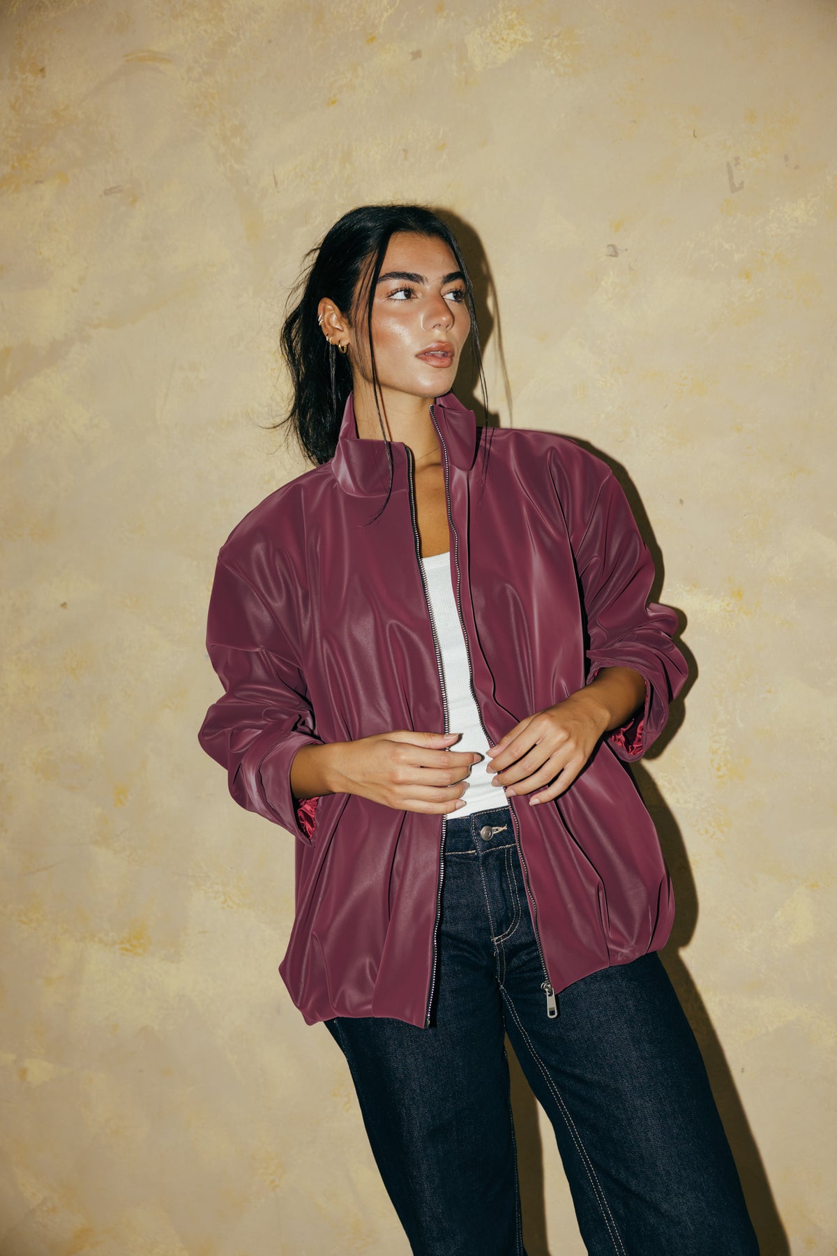 Velvet-touch Puffer Jacket in Burgundy