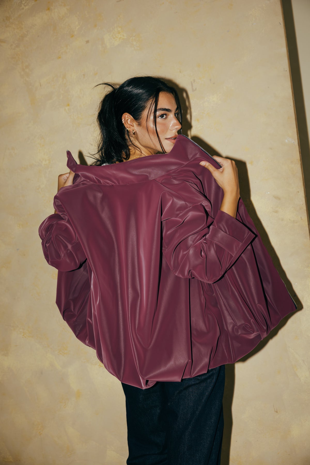 Velvet-touch Puffer Jacket in Burgundy