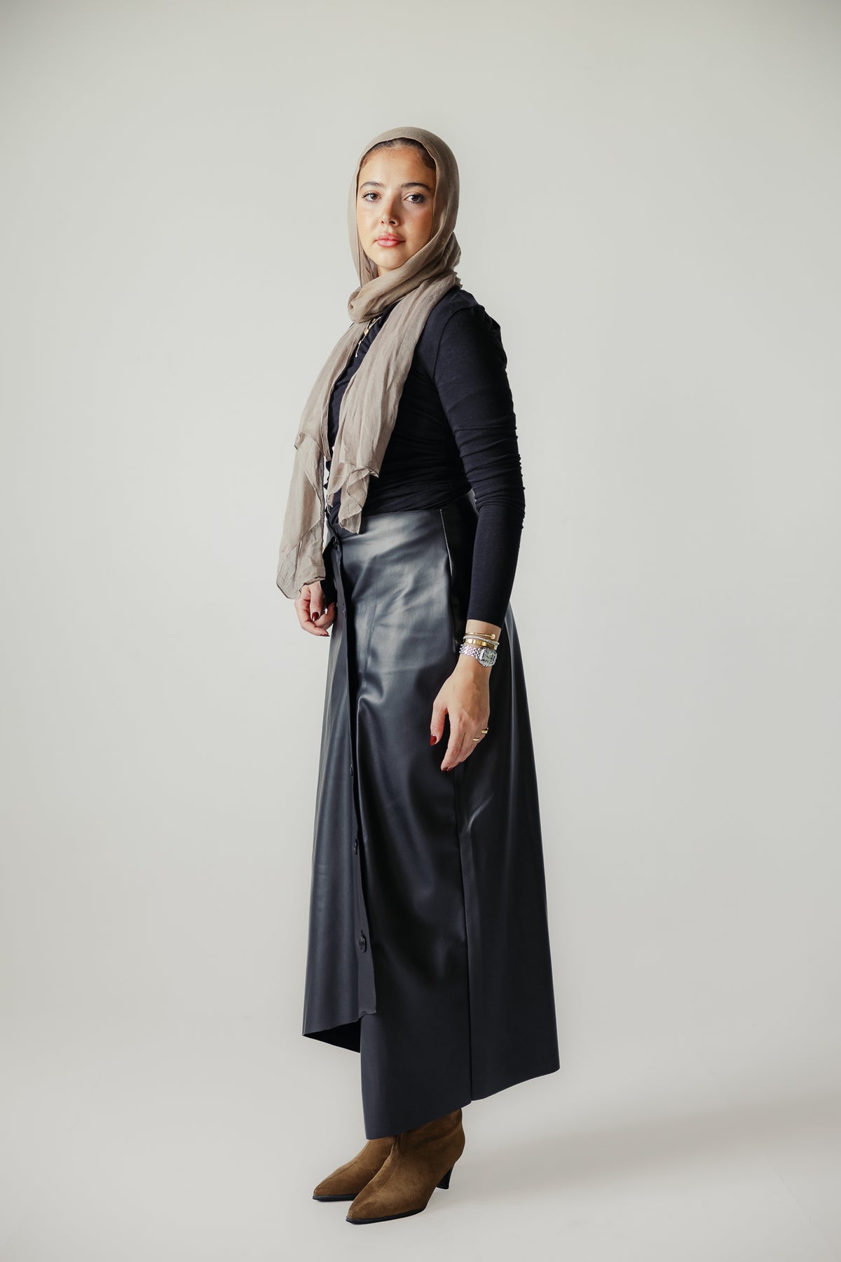 Asymmetrical leather skirt in Black