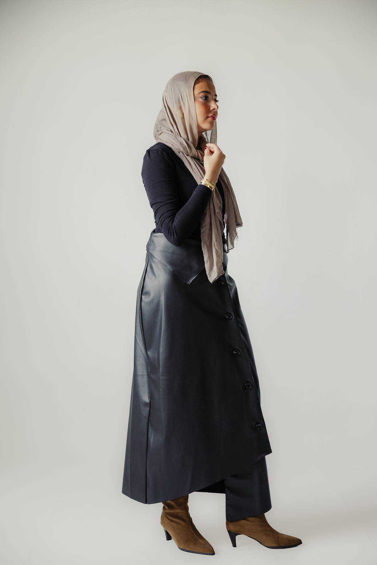 Asymmetrical leather skirt in Black